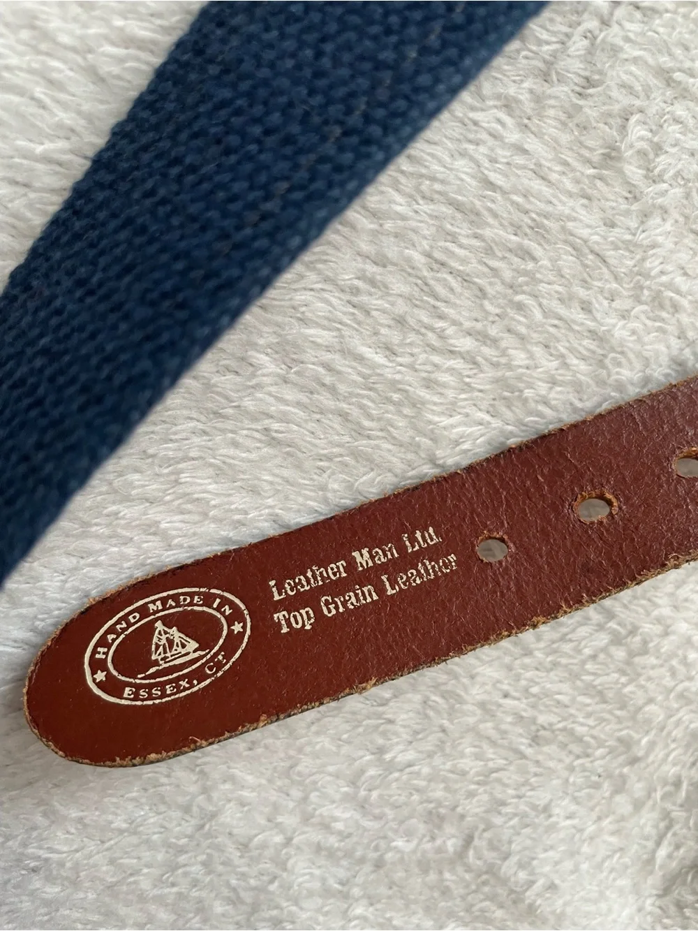 Leather Man Ltd size 36 Navy Flag Embroidered Belt with Brown Top Grain Leather